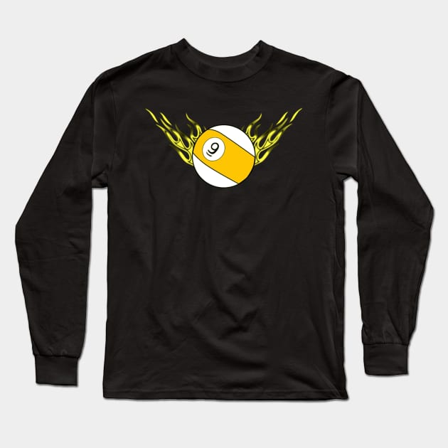 9 Ball with Yellow Flames Long Sleeve T-Shirt by What I See by Dawne